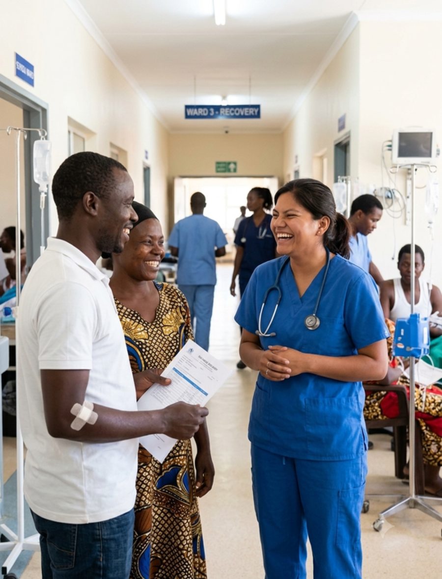 A family speaking with a nurse in a hospital corridor