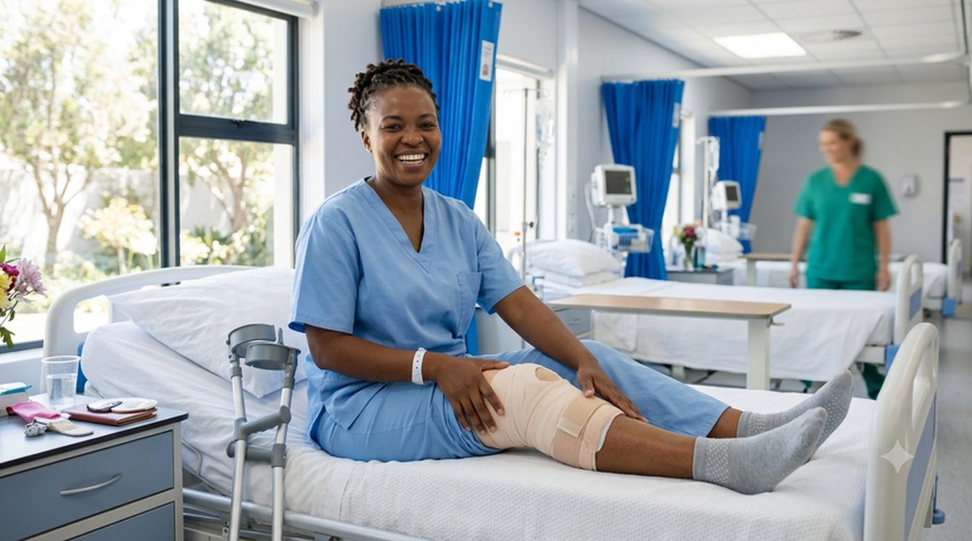 A patient recovering after knee surgery in a partner hospital ward